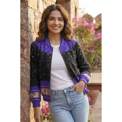 Black Bandhani Merino Wool Bomber Jacket
