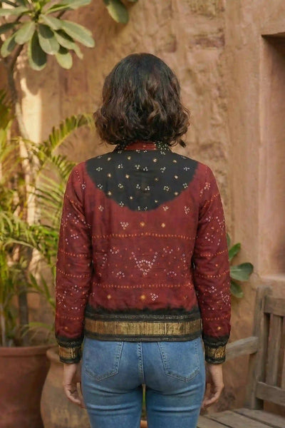 Maroon Bandhani Merino Wool Bomber Jacket