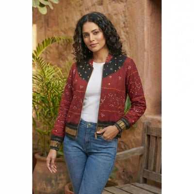 Maroon Bandhani Merino Wool Bomber Jacket