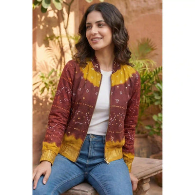 Maroon Bandhani Merino Wool Bomber Jacket
