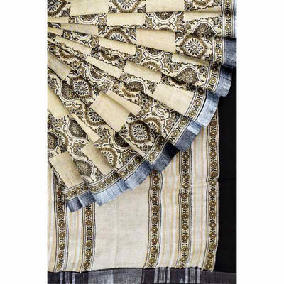 Pale Yellow Ajrakh Block Print Linen Saree - SSEthnics