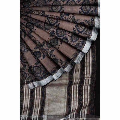Grey Ajrakh Block Print Linen Saree - SSEthnics