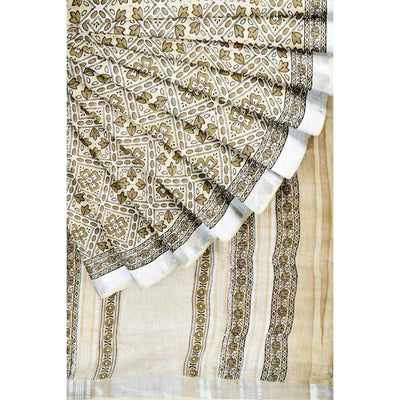 Pale Yellow Ajrakh Block Print Linen Saree - SSEthnics