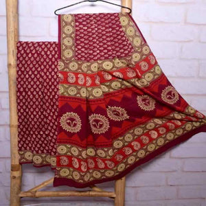 Red Bagru Cotton Block Print Saree - SSEthnics
