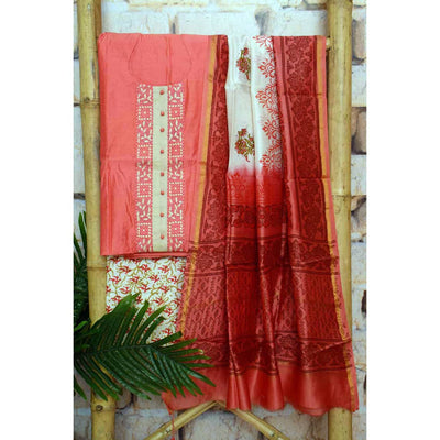 Peach Block Printed Customised Suit with Chanderi Dupatta - SSEthnics