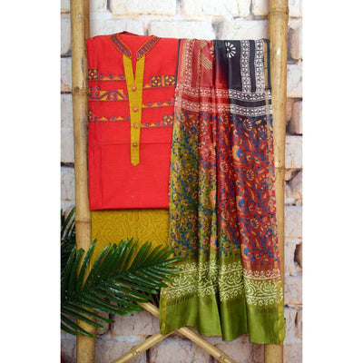 Red Kota Customised Suit with Chanderi Dupatta - SSEthnics