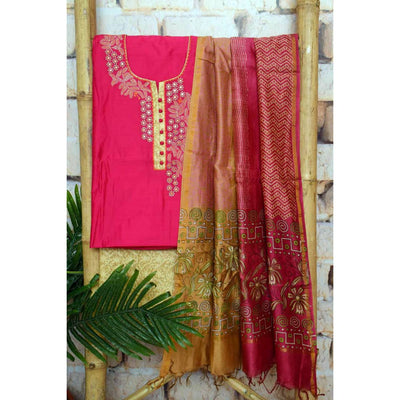 Pink Chanderi Customised Suit with Chanderi Dupatta - SSEthnics
