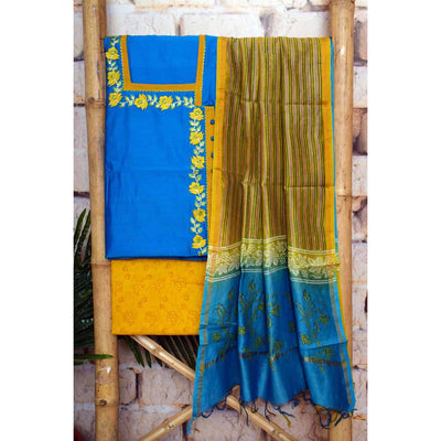 Blue Chanderi Customised Suit with Chanderi Dupatta - SSEthnics