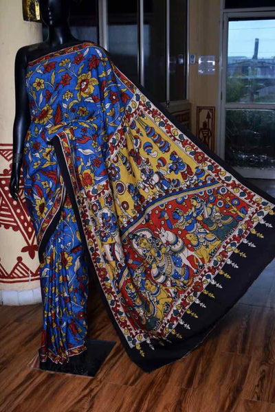 Blue Kalamkari HandPainted Chennuri Silk Saree - SSEthnics