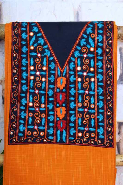 Orange Hand Embroidered Kurti Fabrics - SSEthnics