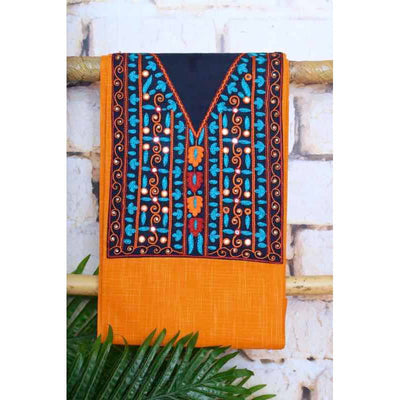 Orange Hand Embroidered Kurti Fabrics - SSEthnics