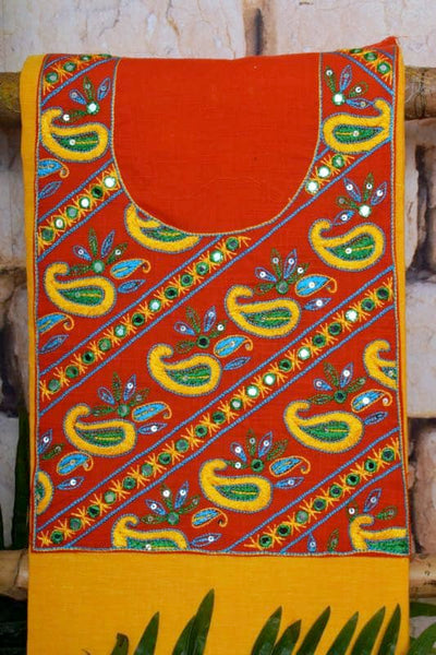 Yellow Hand Embroidered Kurti Fabrics - SSEthnics