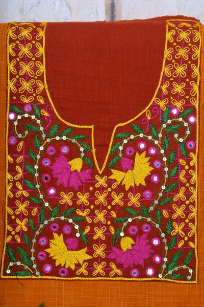 Yellow-Orange Hand Embroidered Kurti Fabrics - SSEthnics