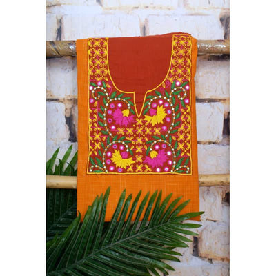 Yellow-Orange Hand Embroidered Kurti Fabrics - SSEthnics