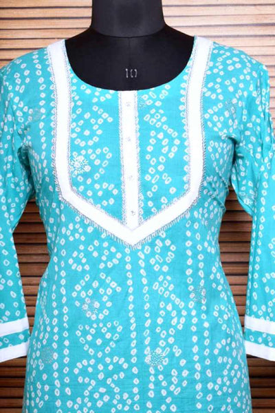 Blue Sanganeri Screen Print Kurti with Embroidery - SSEthnics