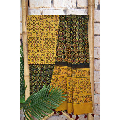 Yellow Ajrakh Triple Block Print Cotton Suit - SSEthnics