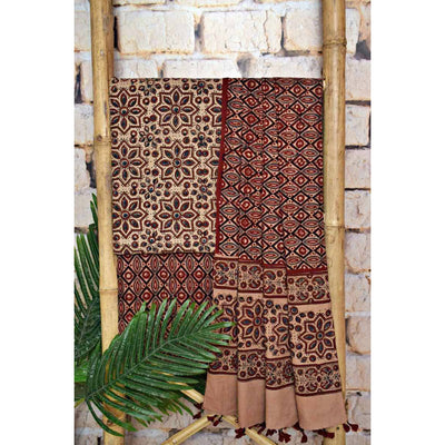 Cream Ajrakh Triple Block Print Cotton Suit - SSEthnics
