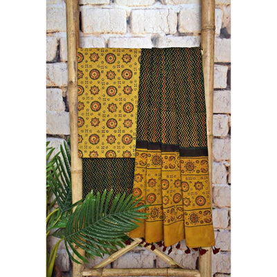 Yellow Ajrakh Triple Block Print Cotton Suit - SSEthnics