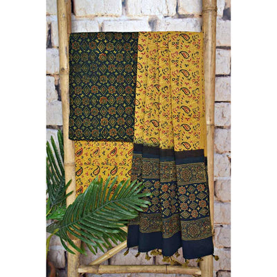 Green Ajrakh Triple Block Print Cotton Suit - SSEthnics