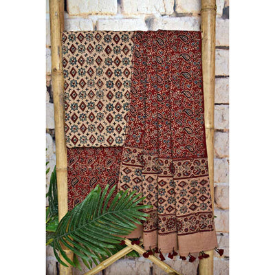 Cream Ajrakh Triple Block Print Cotton Suit - SSEthnics