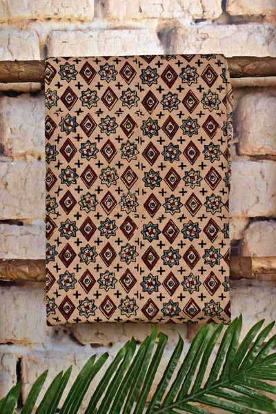 Cream Ajrakh Triple Block Print Cotton Suit - SSEthnics