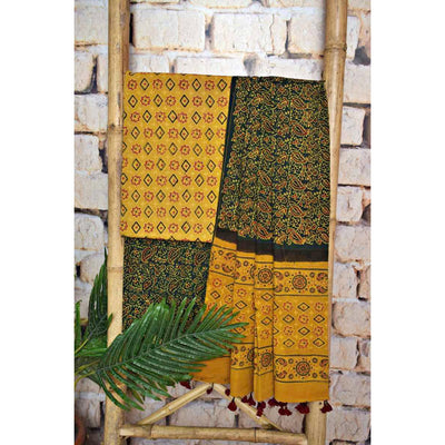Yellow Ajrakh Triple Block Print Cotton Suit - SSEthnics