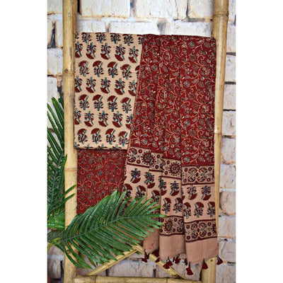 Cream Ajrakh Triple Block Print Cotton Suit - SSEthnics
