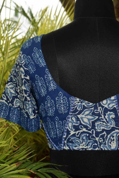 Indigo Block Print Upcycled Blouse - SSEthnics