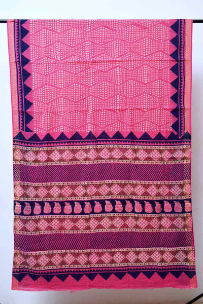 Pink Bagru Cotton Block Print Saree with Zari - SSEthnics