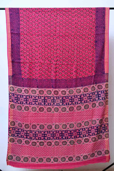 Pink Bagru Cotton Block Print Saree with Zari - SSEthnics