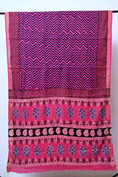 Pink Bagru Cotton Block Print Saree with Zari - SSEthnics