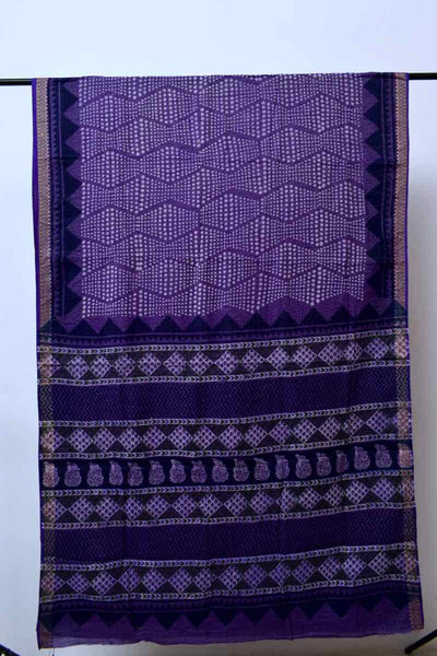 Purple Bagru Cotton Block Print Saree with Zari - SSEthnics