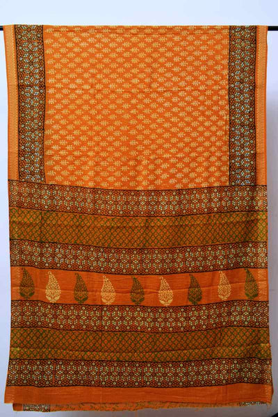 Yellow Bagru Cotton Block Print Saree with Zari - SSEthnics