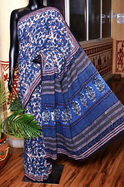 Indigo Jahota Handblock Print Mul Cotton Saree - SSEthnics