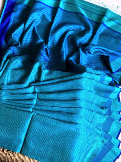 Blue Handloom Maheshwari Jute Silk Saree - SSEthnics