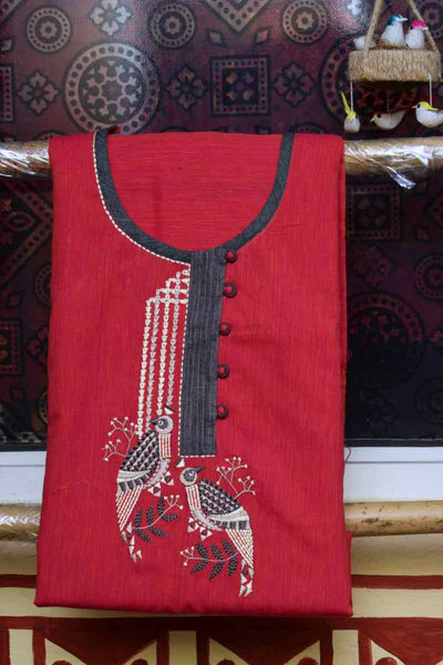 Pink Red Handloom Cotton Embroidered Set - SSEthnics