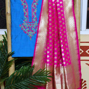 Blue Cotton SIlk Hand Embroidered Banarasi Dupatta Set