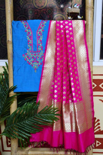 Blue Cotton SIlk Hand Embroidered Banarasi Dupatta Set