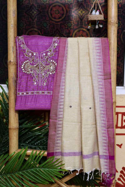 Purple Bhagalpuri Silk Suit with Hand Embroidery - SSEthnics