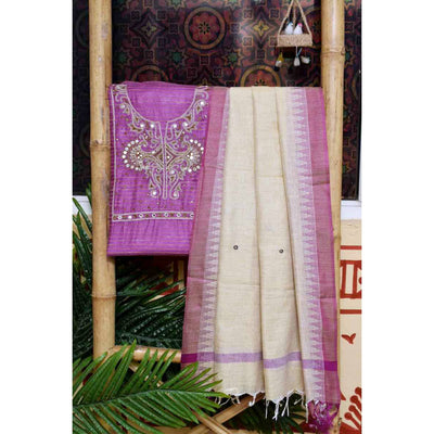 Purple Bhagalpuri Silk Suit with Hand Embroidery - SSEthnics