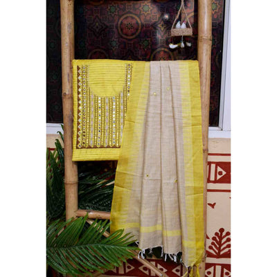 Yellow Bhagalpuri Silk Suit with Hand Embroidery - SSEthnics
