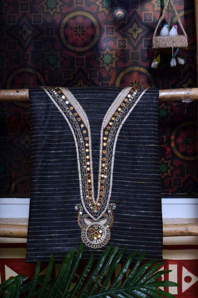 Black Bhagalpuri Silk Suit with Hand Embroidery - SSEthnics