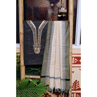 Black Bhagalpuri Silk Suit with Hand Embroidery - SSEthnics