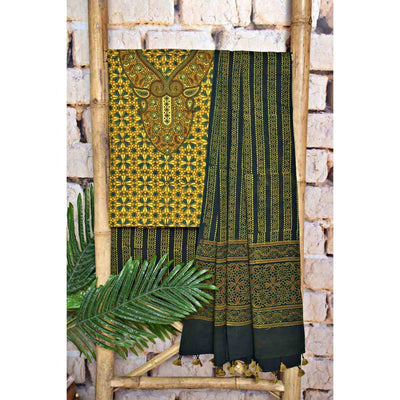 Yellow Ajrakh Cotton Suit with Neck Yoke - SSEthnics