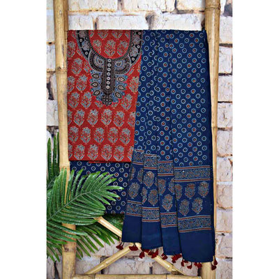 Madder Ajrakh Cotton Suit with Neck Yoke - SSEthnics