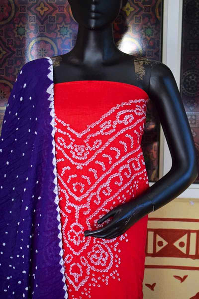 Red Bandhani Cotton Unstitched Suit - SSEthnics