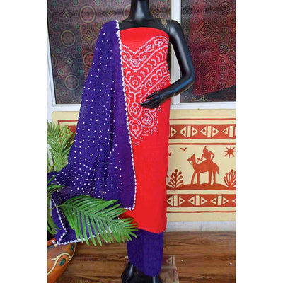 Red Bandhani Cotton Unstitched Suit - SSEthnics