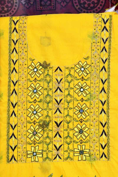 Yellow Cotton Hand Embroidered Kurti Fabric - SSEthnics