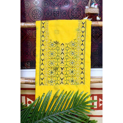 Yellow Cotton Hand Embroidered Kurti Fabric - SSEthnics
