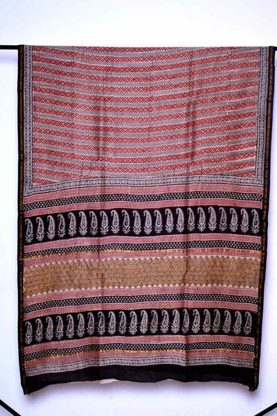 Maroon Bagru Block Print Chanderi Silk Saree - SSEthnics